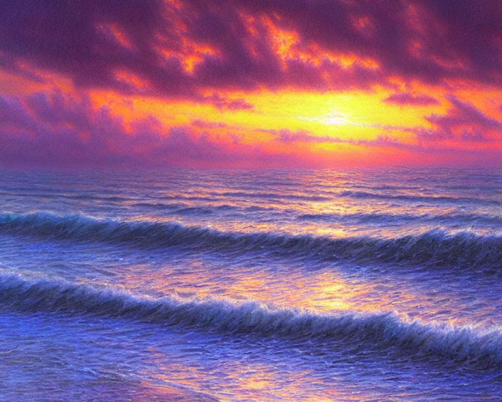 Vibrant sunset with purple and pink clouds over calm ocean waves