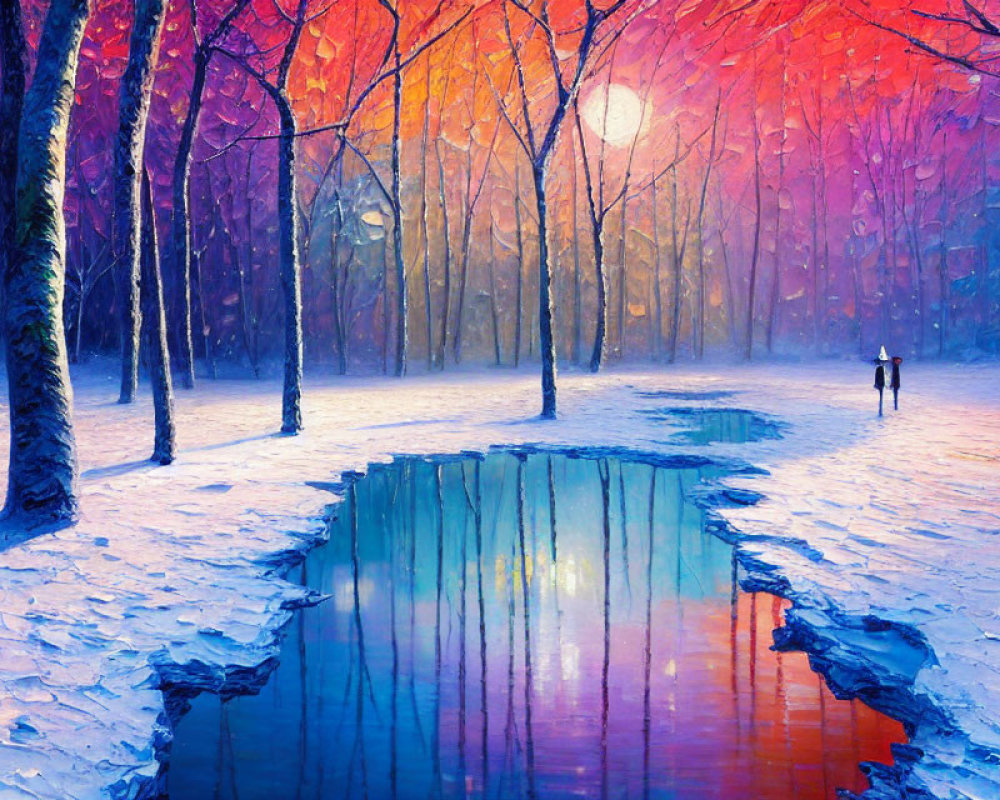 Snow-covered forest painting with blue stream and lone figure at sunset