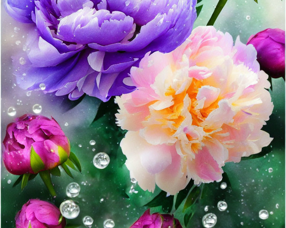 Vibrant Purple and Pink Peonies with Water Droplets on Green Foliage