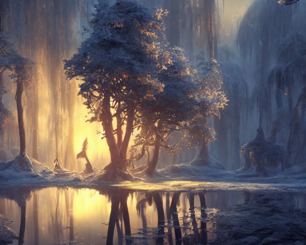 Mystical forest with glowing backdrop, water reflections, and waterfall curtains