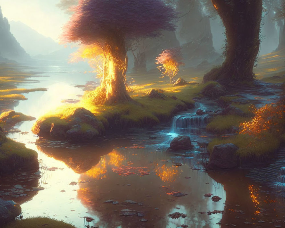 Glowing tree by tranquil stream with mossy rocks and golden light.
