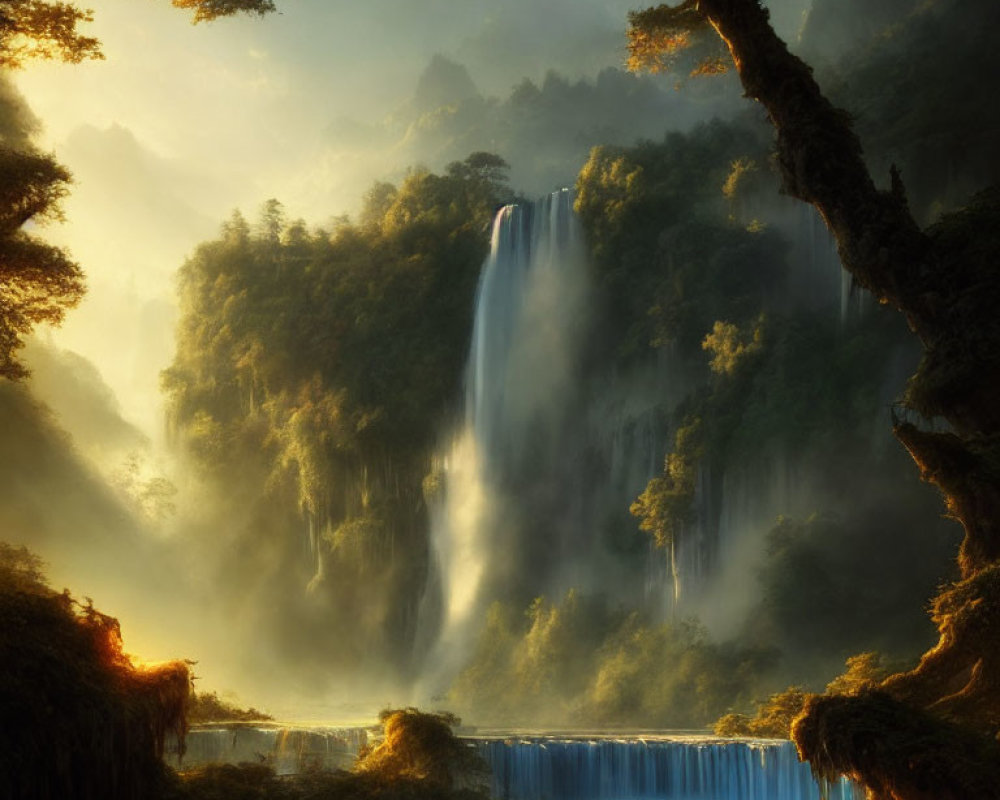 Enchanting forest scene with waterfall and sun rays