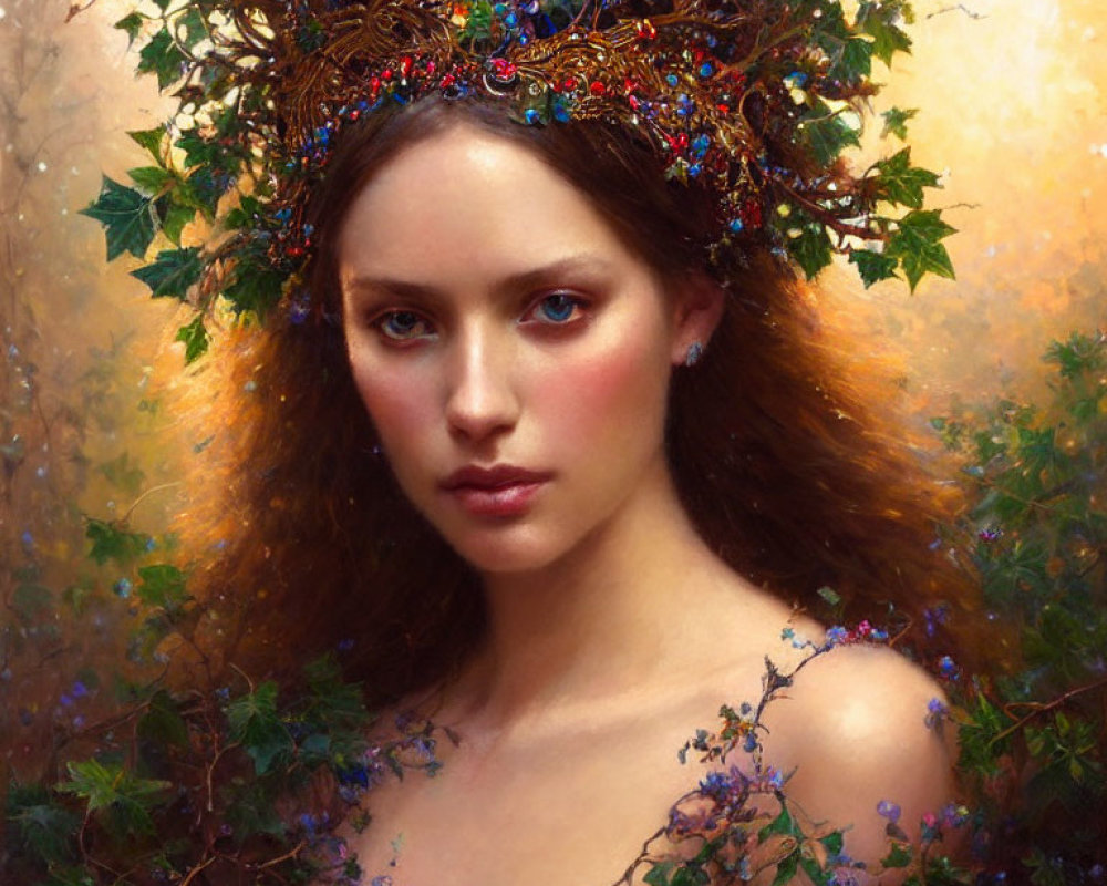 Woman adorned with intricate crown of leaves and jewels in soft glow