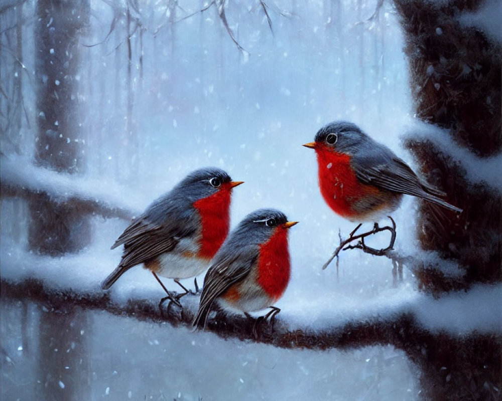 Red-breasted birds on snowy branch in misty winter forest