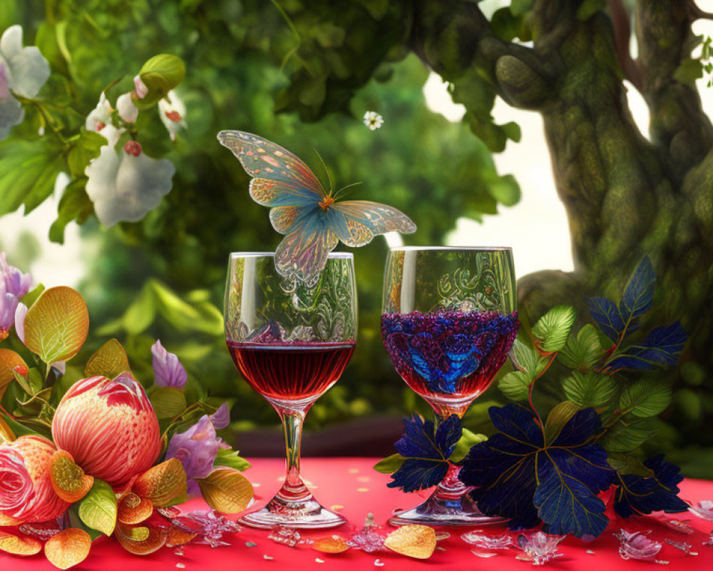Colorful liquids in ornate glasses with flowers, fruits, butterfly, and tree backdrop.