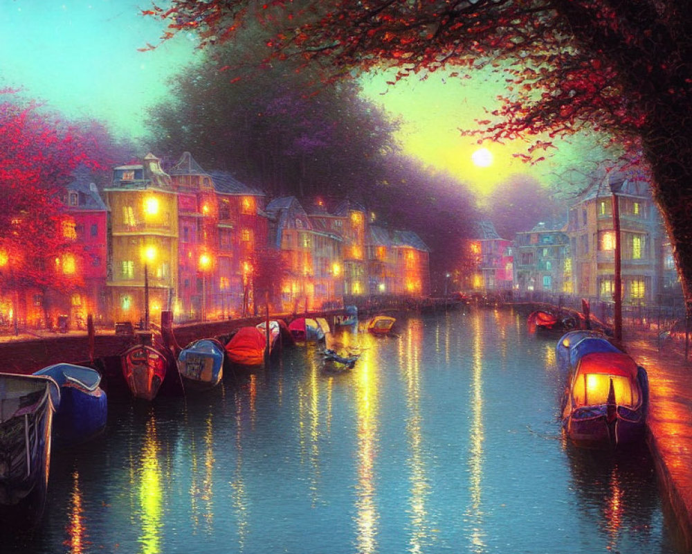 Serene canal at twilight with colorful buildings, moored boats, and setting sun