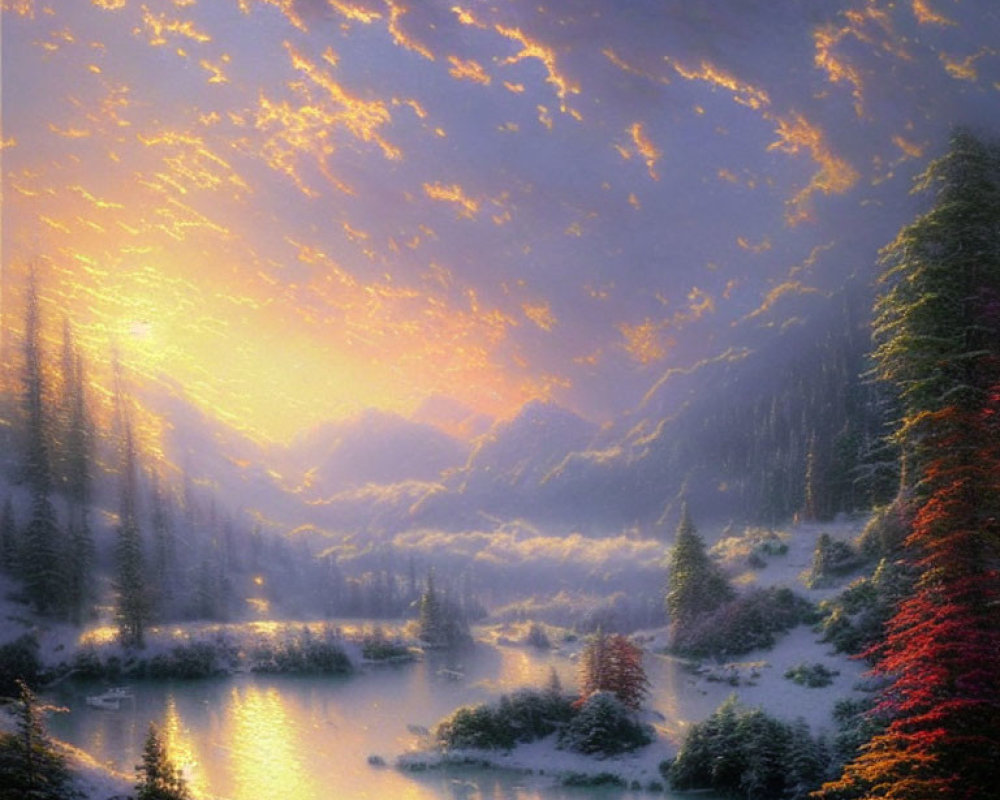 Snowy mountain landscape at sunset with reflective lake & pine trees