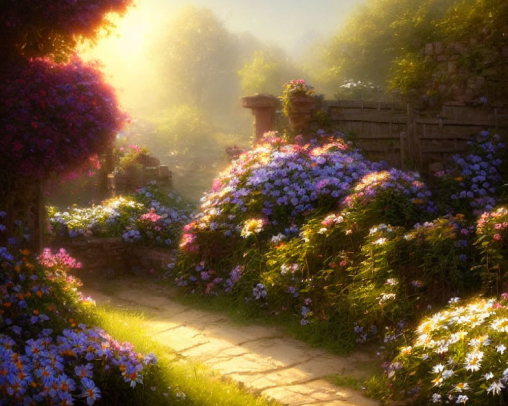 Tranquil garden path with lush flowers in golden sunlight
