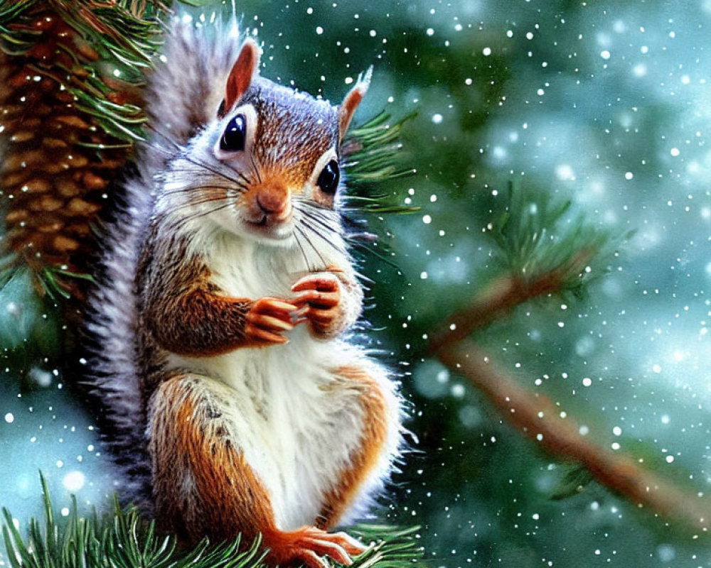 Squirrel on pine branch in falling snow, holding object with paws