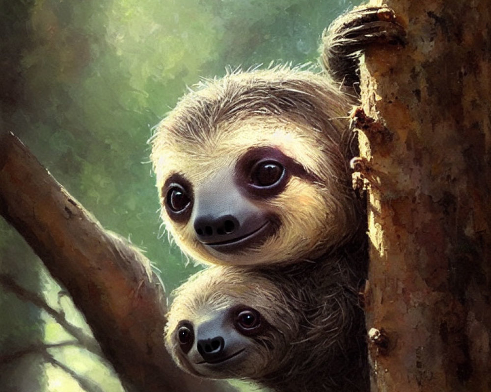 Smiling sloths peeking around tree trunk in sunlit forest