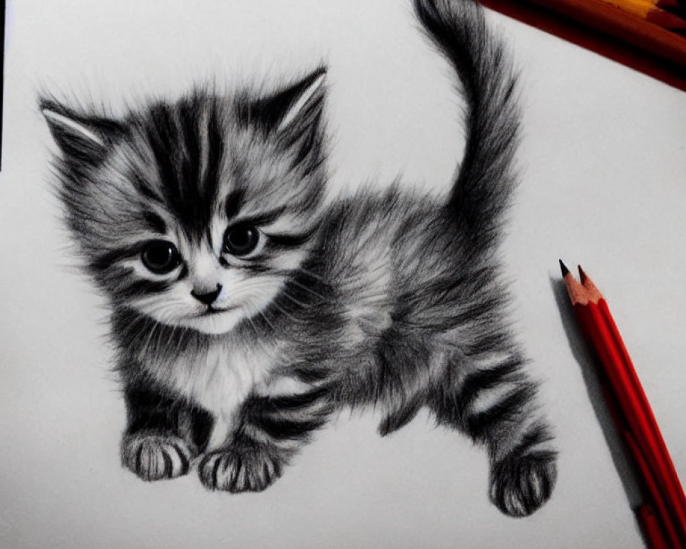 Detailed pencil drawing of fluffy kitten with striking eyes and playful pose.