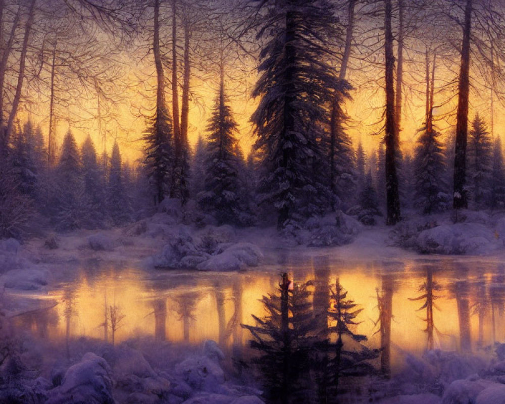 Snowy forest and frozen pond at sunrise