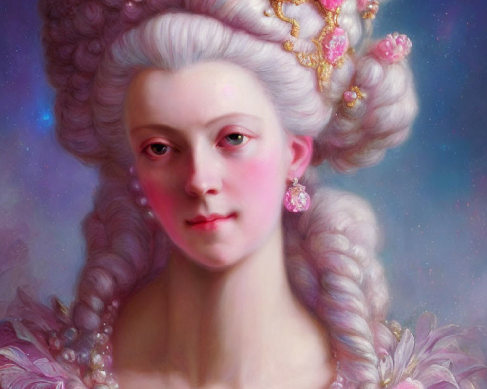 Elaborate powdered wig portrait with floral adornments