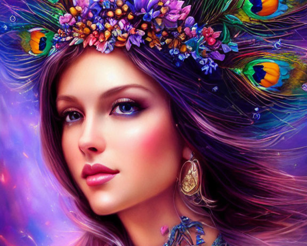 Colorful Woman with Peacock Feather Headpiece and Floral Jewels