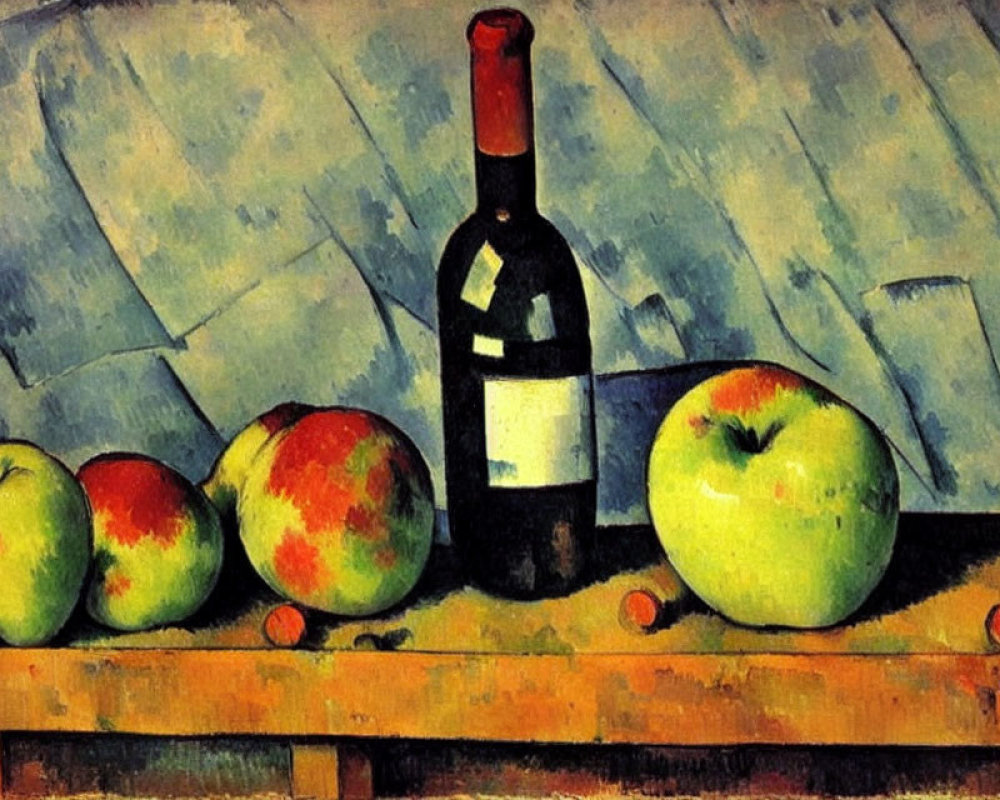 Classic Still Life: Wine Bottle, Colorful Apples, Wooden Table, Geometric Background