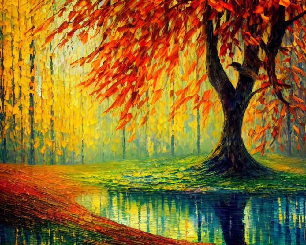 Colorful autumn tree painting by a reflective lake