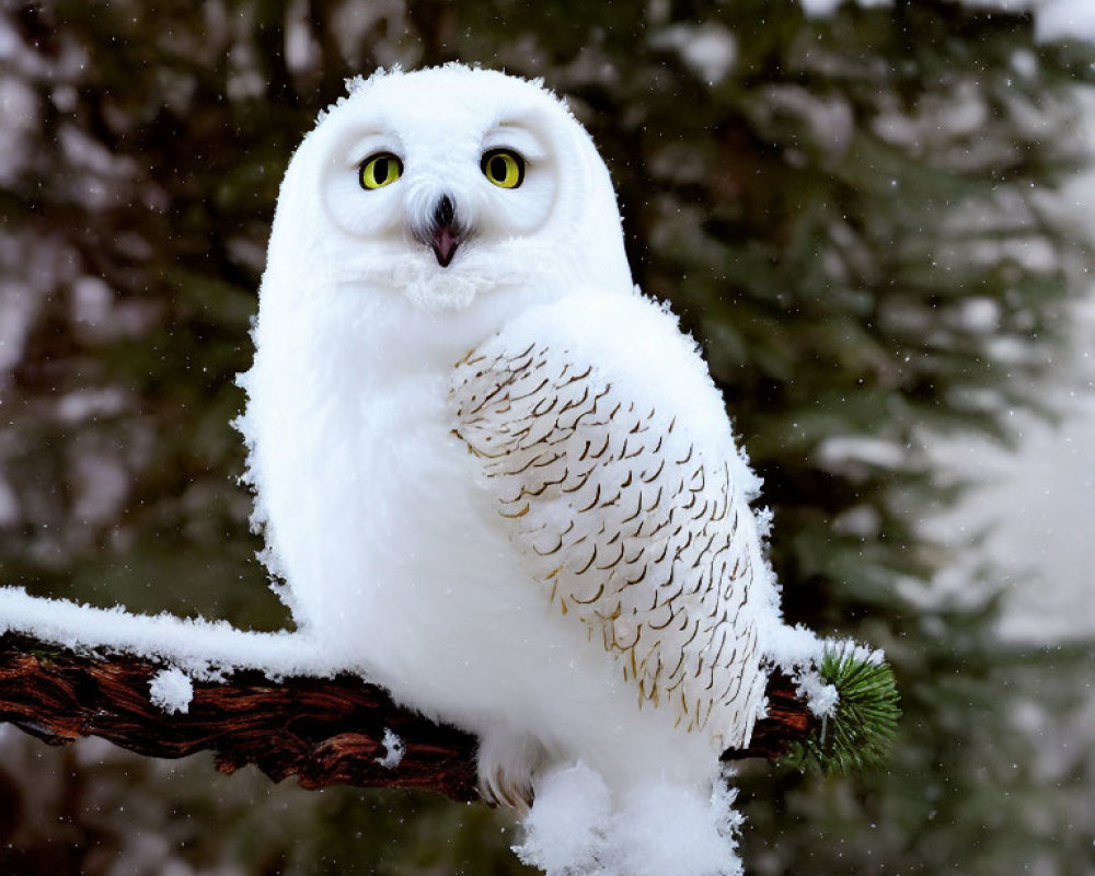 Snowy Owl Perched on Snowy Branch with Falling Snowflakes