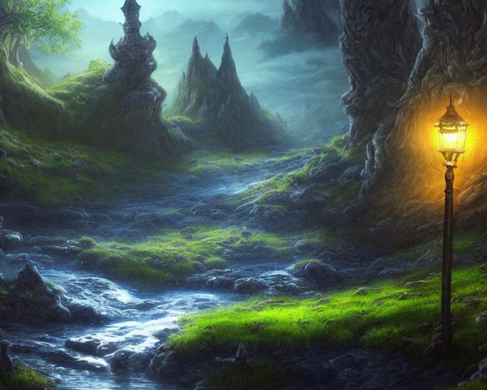 Mystical landscape with glowing lamp post, lush greenery, and ethereal mountains
