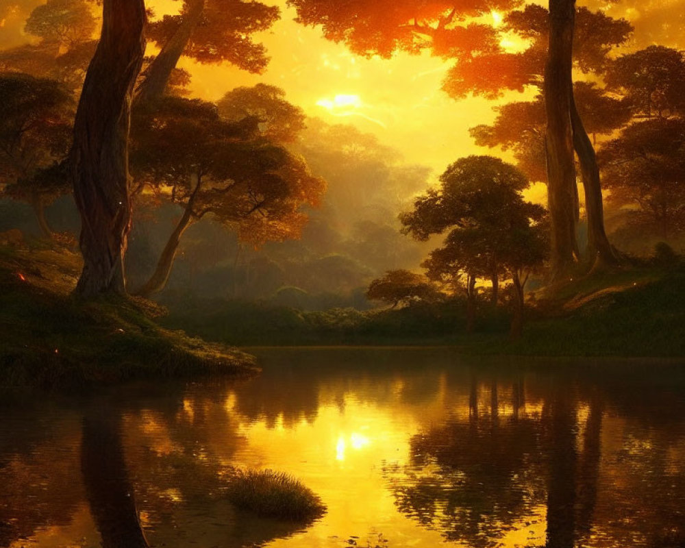 Tranquil forest scene with tall trees and river reflection