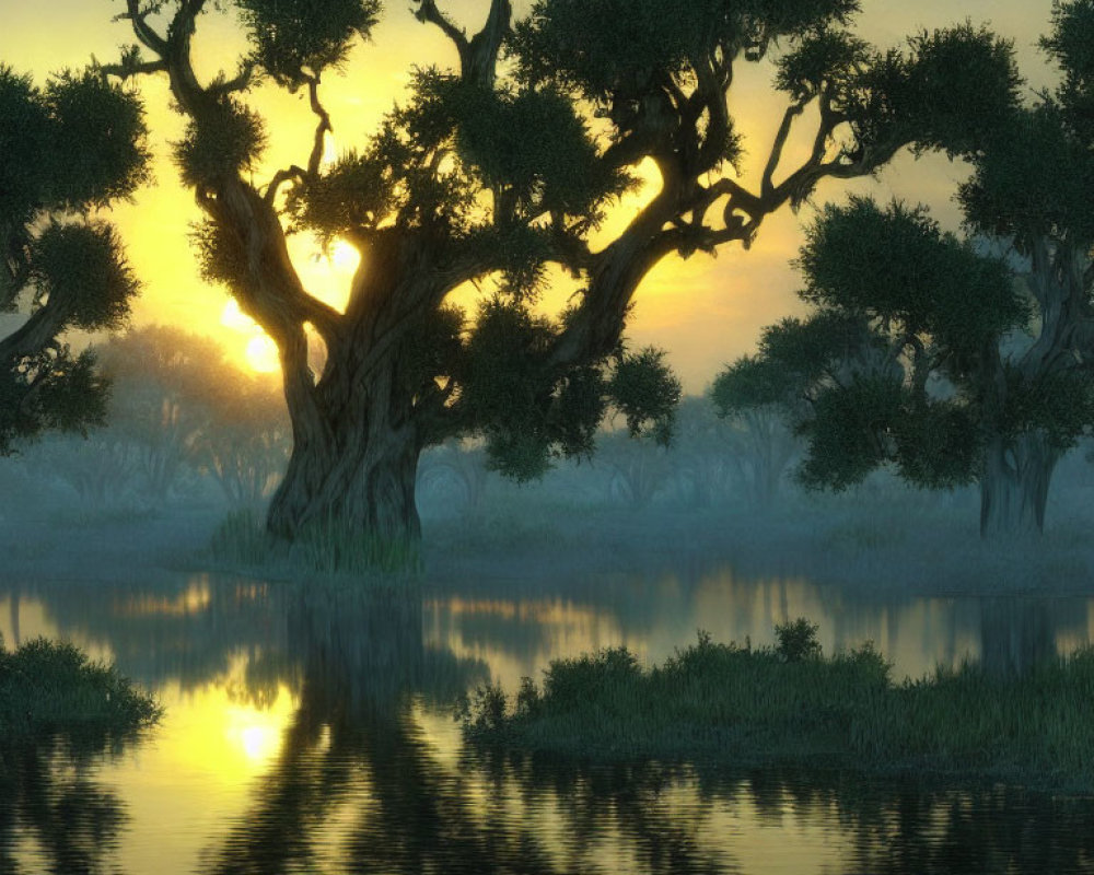 Tranquil sunset behind silhouetted trees and misty landscape