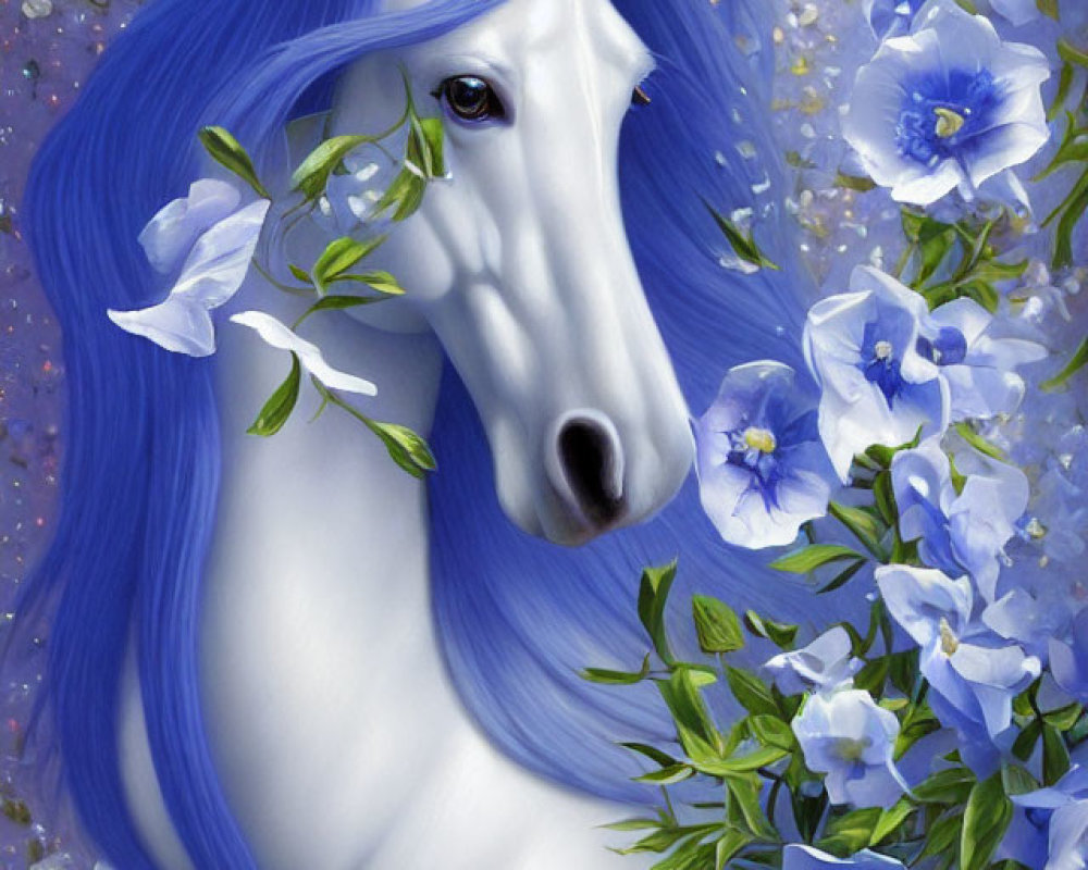 Majestic unicorn with shimmering blue mane in vibrant floral scene