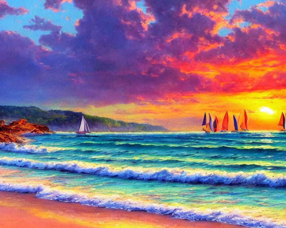 Scenic sunset with purple and orange clouds over ocean, sailboats on horizon, gentle waves on sandy