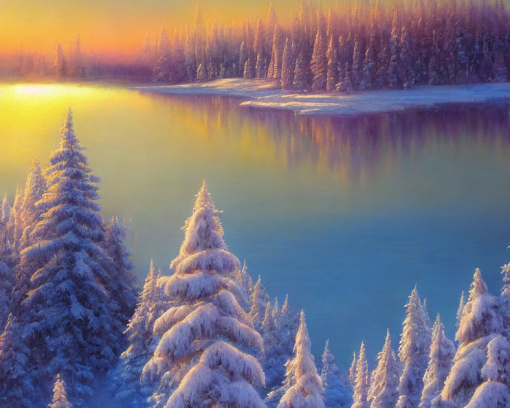 Tranquil sunrise scene: snow-covered pines by a serene lake