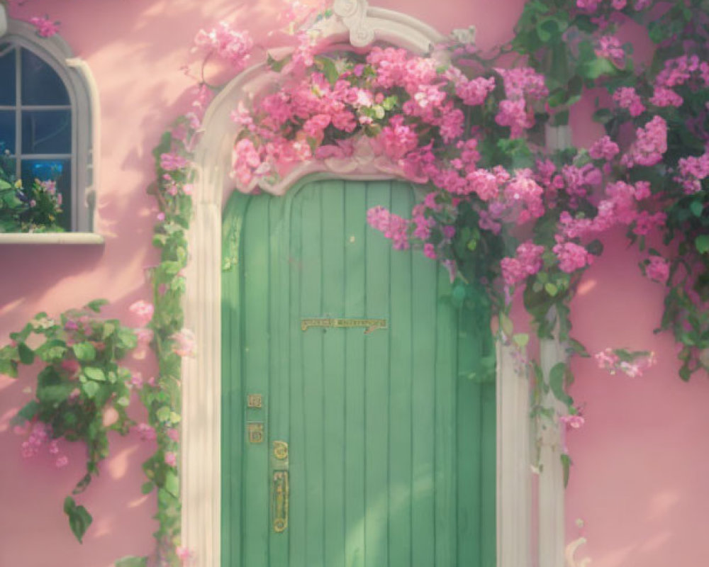 Green door in pink wall with lush flowers and greenery