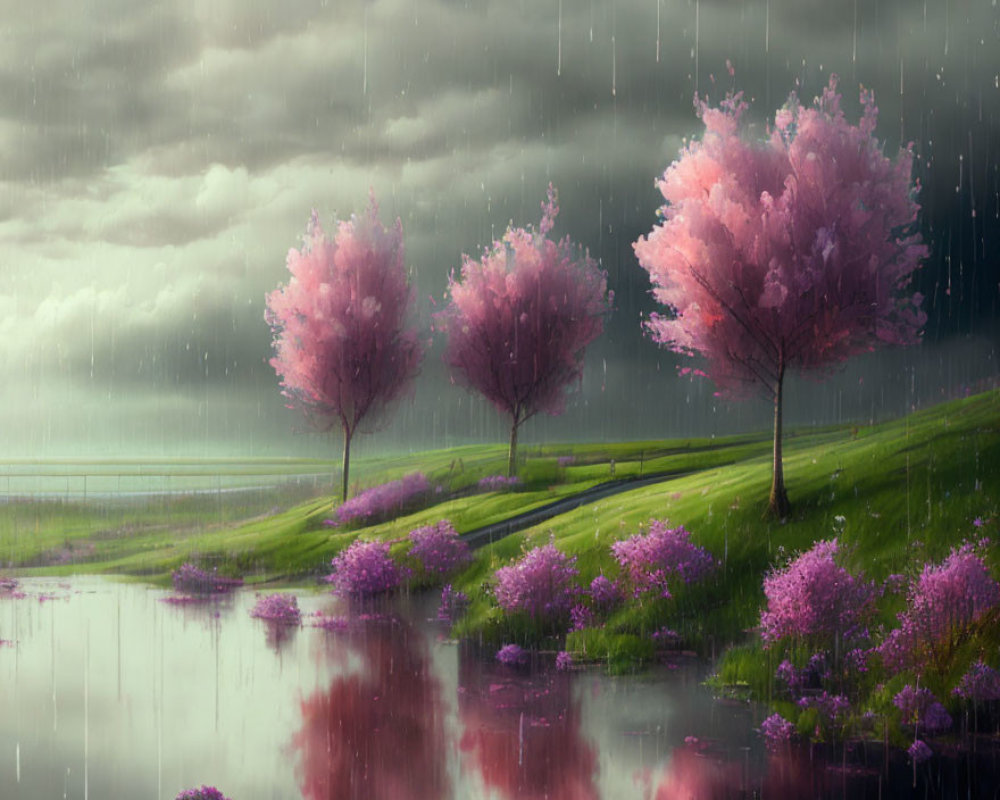 Pink Blossoming Trees on Rainy Hillside with Purple Flowers and Stormy Sky