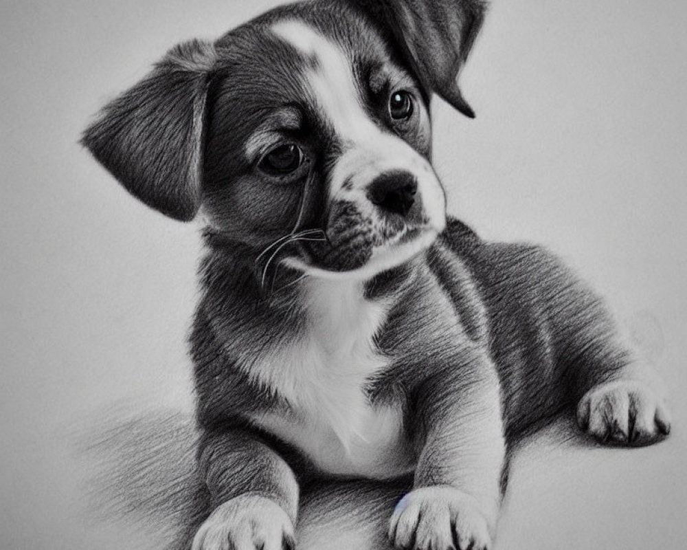 Detailed pencil sketch of cute puppy with floppy ears and big eyes lying down.