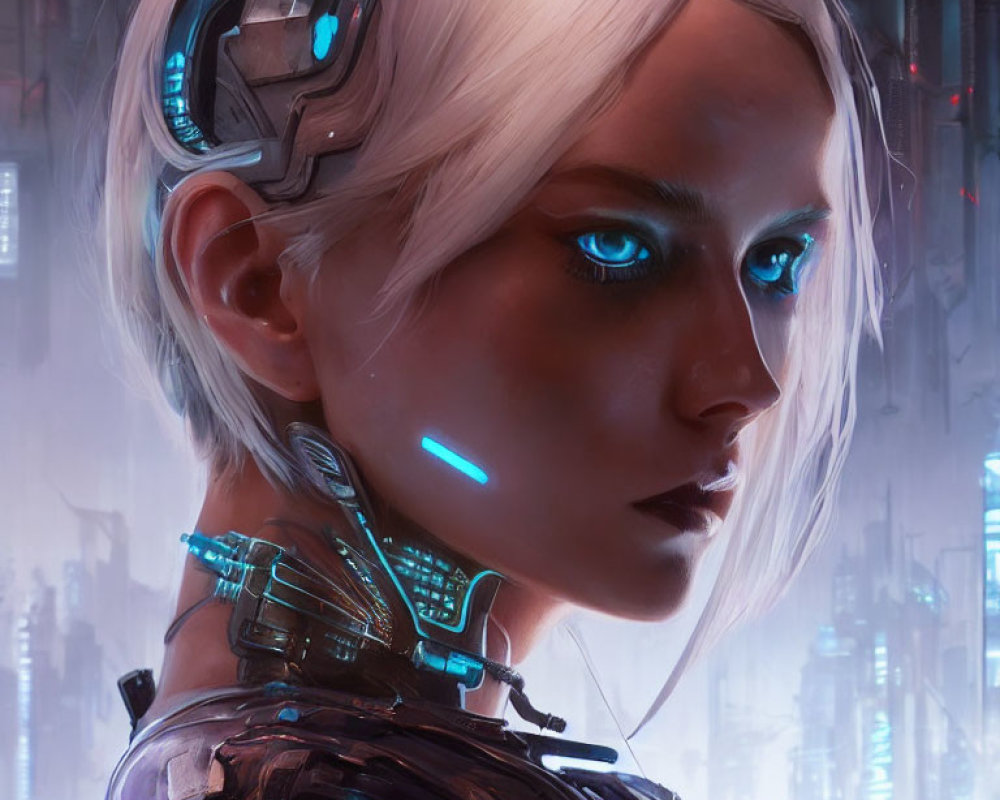 Female cyborg with glowing blue eyes and cybernetic implants in futuristic cityscape