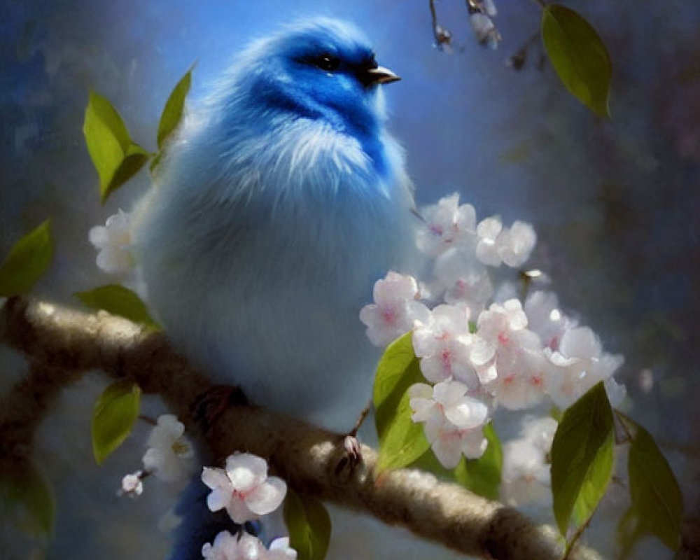 Colorful Bird Perched on Flowered Branch in Blue Setting