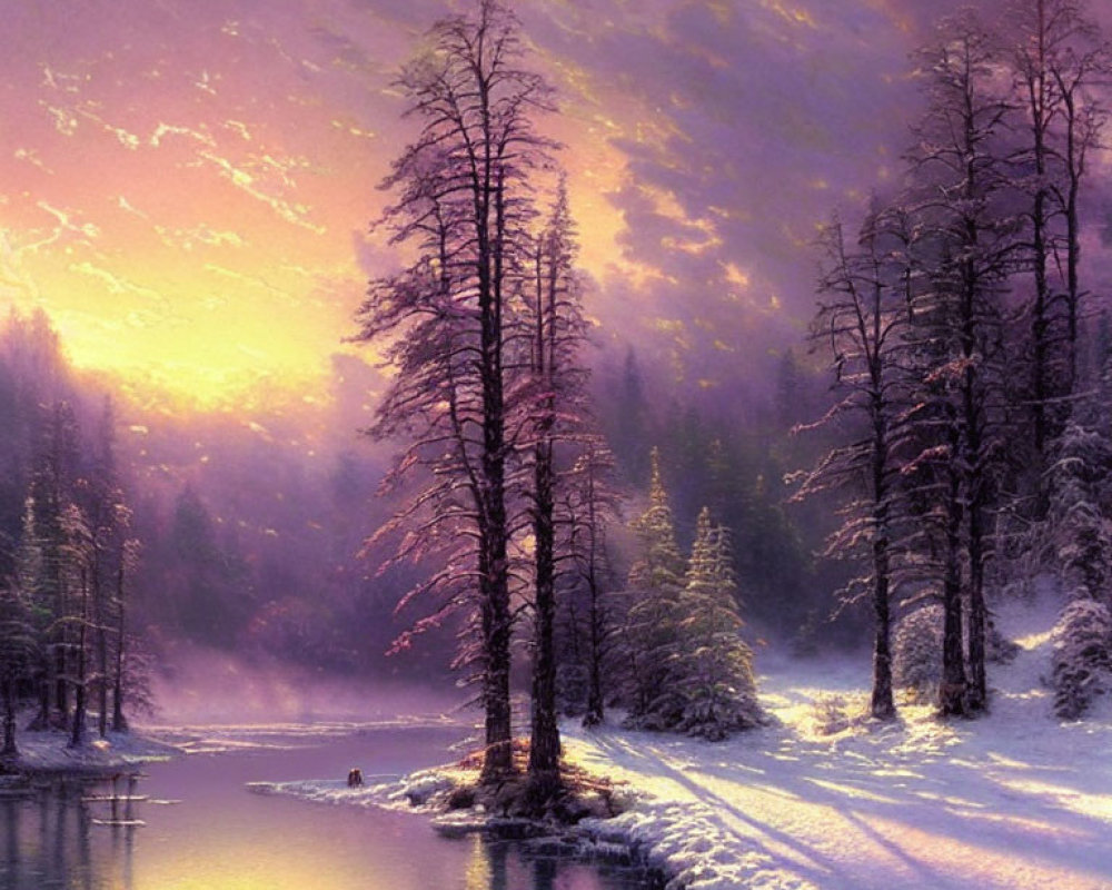 Snow-covered trees and tranquil river at sunset in winter landscape