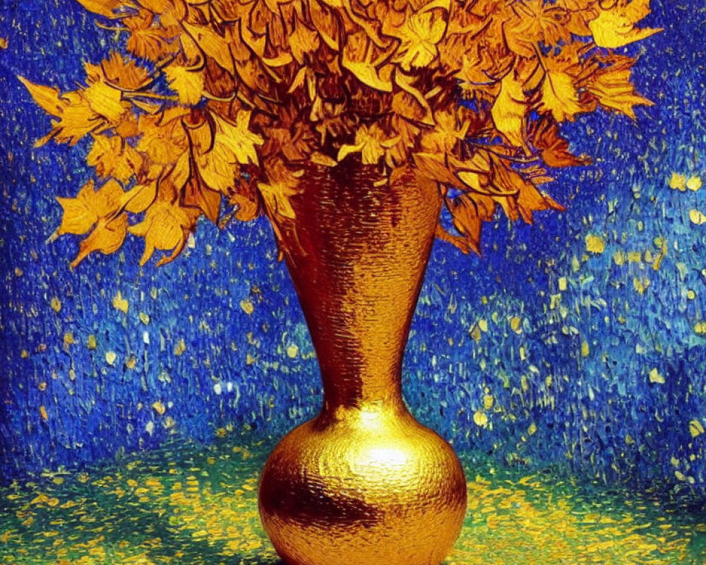 Golden Vase with Autumn Leaves on Textured Blue and Yellow Background