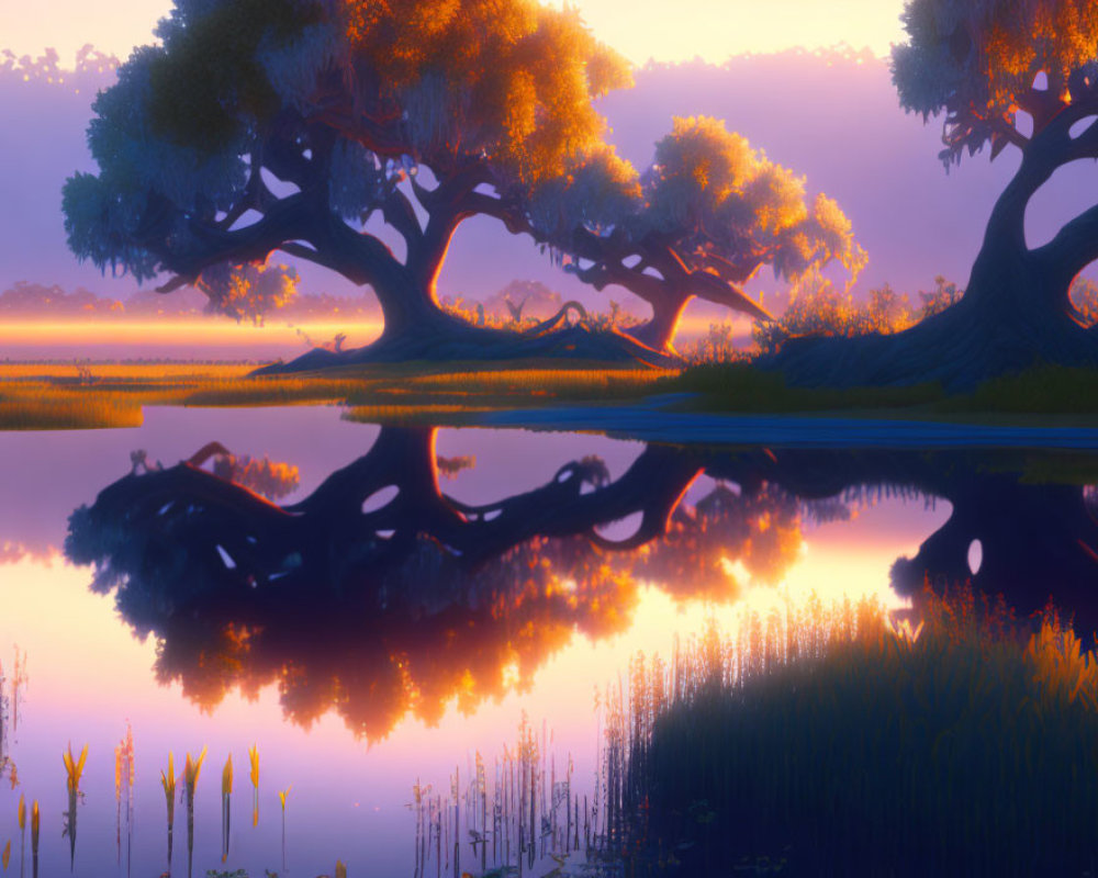 Tranquil landscape with silhouetted trees and serene waters.