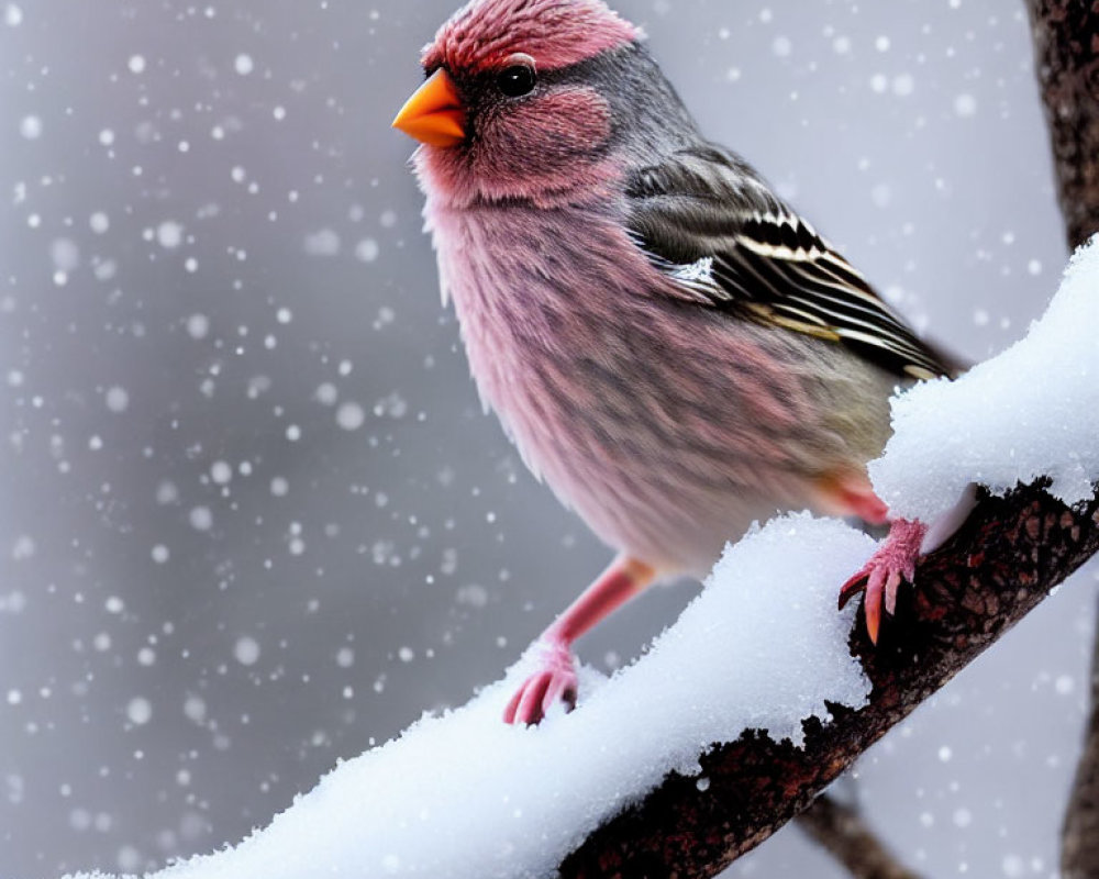 Pink-feathered bird on snow-covered branch with falling snowflakes