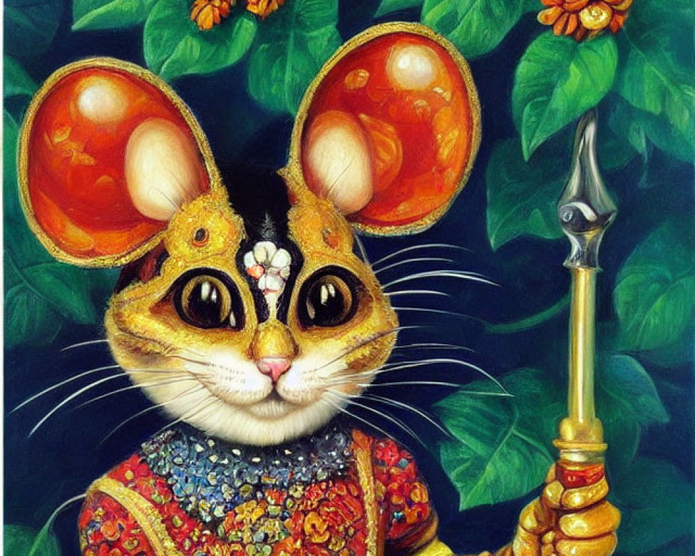 Anthropomorphic Mouse in Ornate Clothing with Golden Staff Among Green Leaves and Orange Flowers
