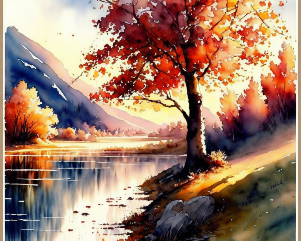 Autumnal watercolor painting of golden-red tree by river