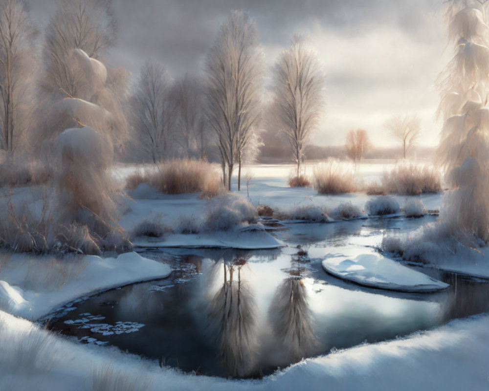 Snow-covered winter landscape with trees and stream in soft morning light