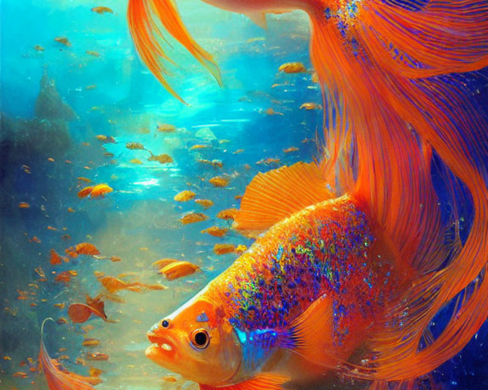 Vibrant Orange Fish with Elongated Fins Swimming Among Rocks