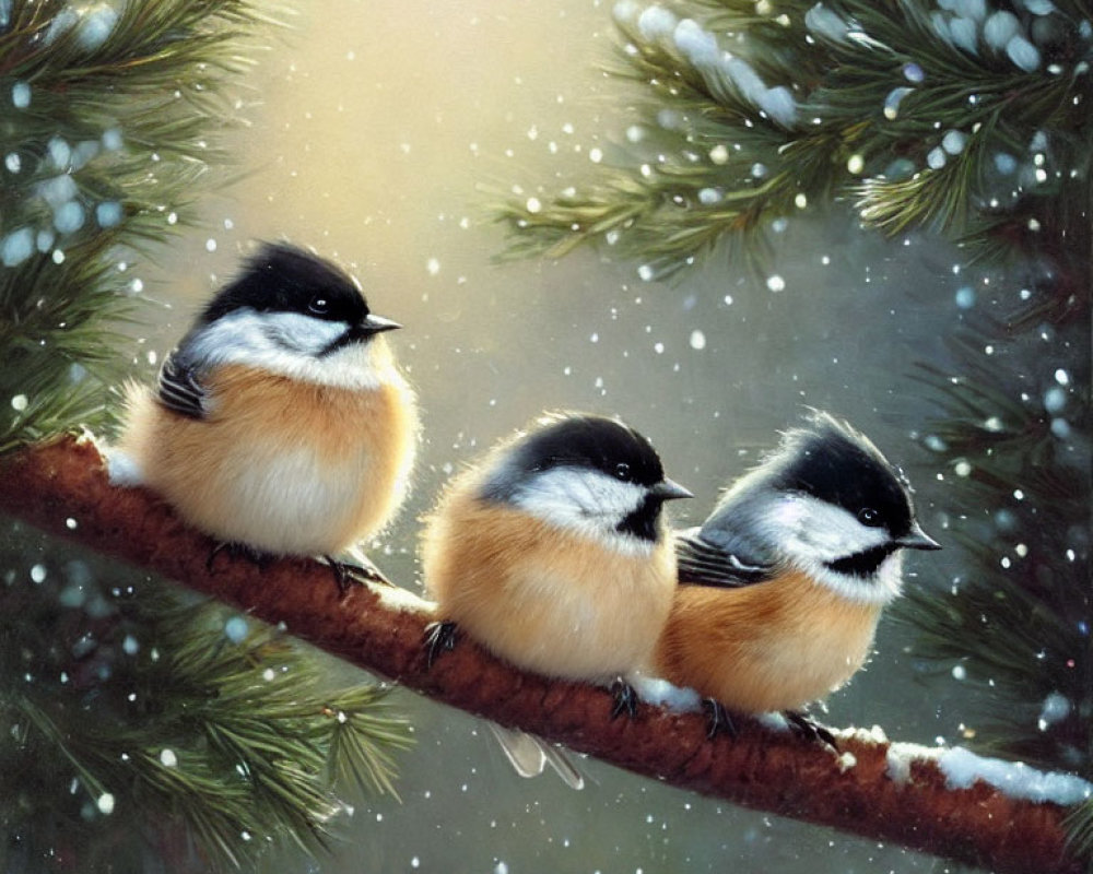 Three fluffy birds on snow-frosted branch with gentle snowfall