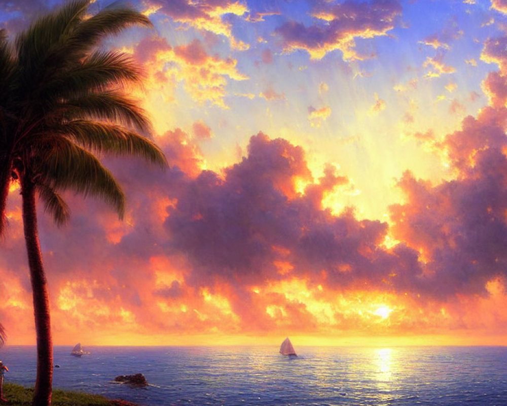 Tranquil sunset sea with palm tree silhouette and boats under vibrant sky