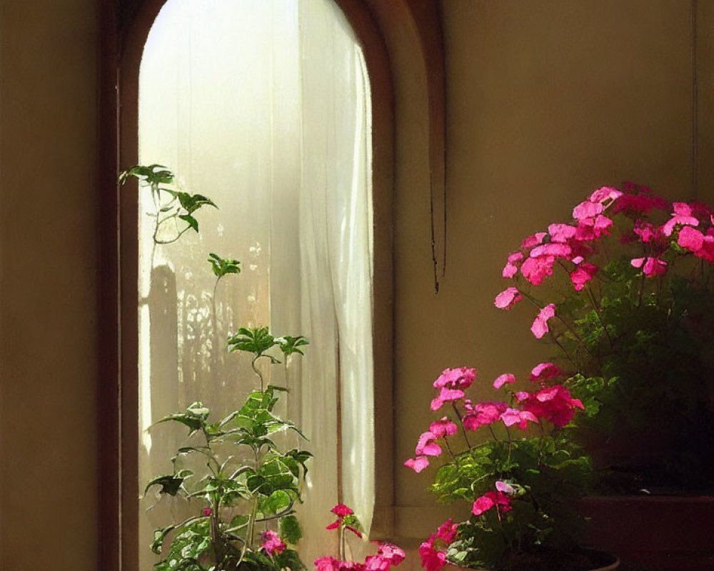 Sunlit Room with Arched Window and Blooming Pink Flowers
