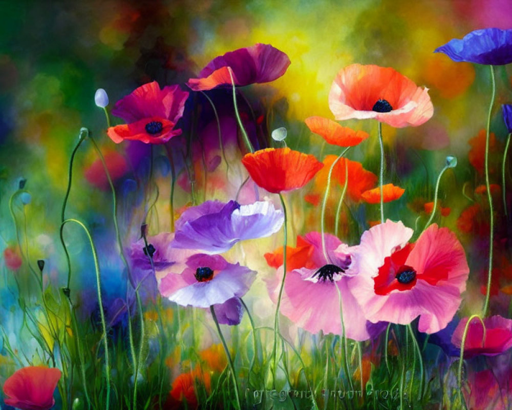 Colorful poppies painting with vibrant red, pink, purple, and blue hues on bokeh-style