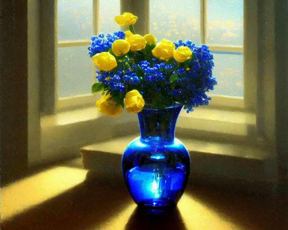 Blue Vase with Yellow Flowers and Blue Blossoms in Sunlight