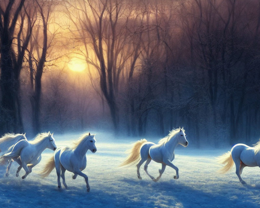 White horses galloping in snowy forest at sunrise