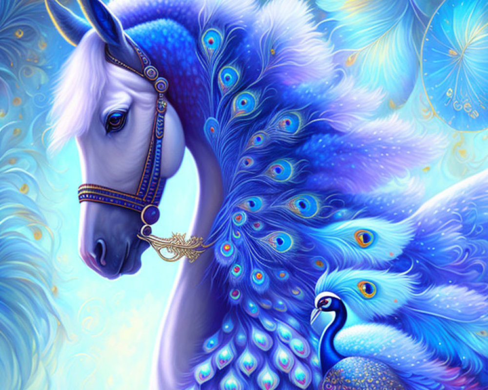 White unicorn with peacock feather mane and tail in golden bridle on blue backdrop.