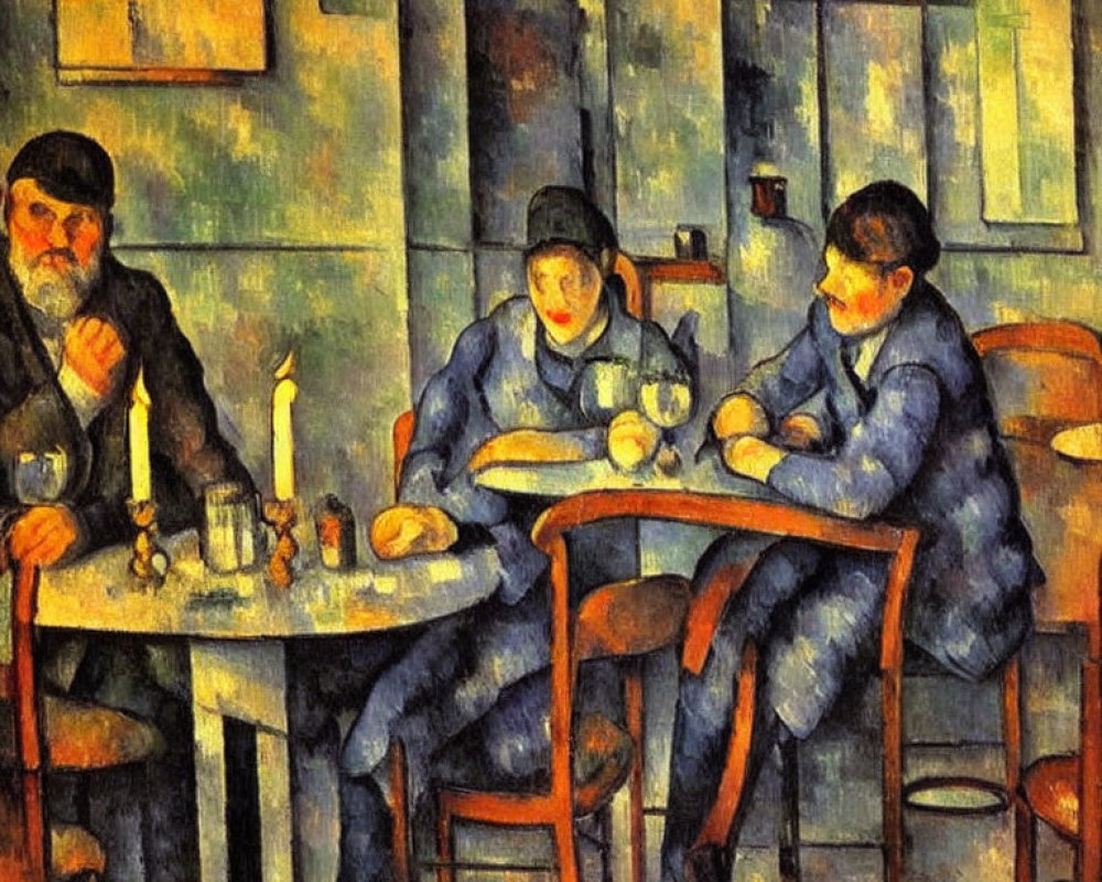 Post-Impressionist painting of three people at a table with a candle