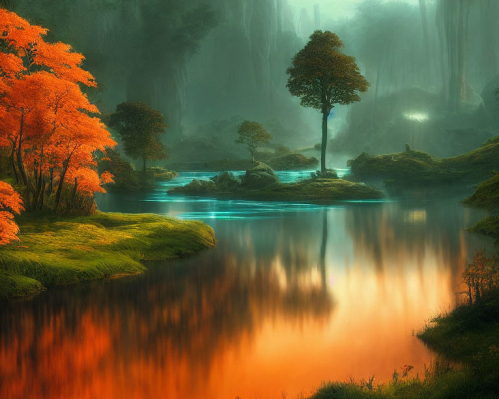 Autumnal scene: Vibrant orange trees by tranquil blue river