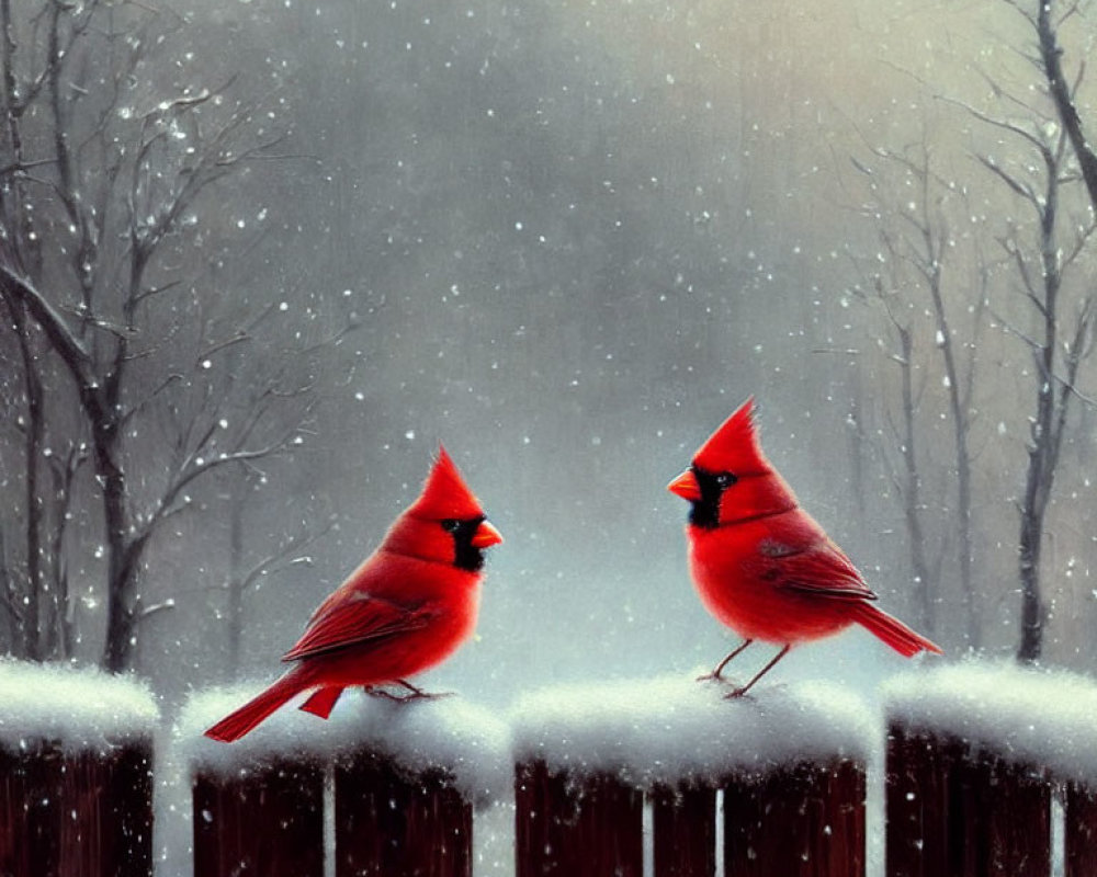 Red cardinals on snowy fence with falling snowflakes in wintery forest.